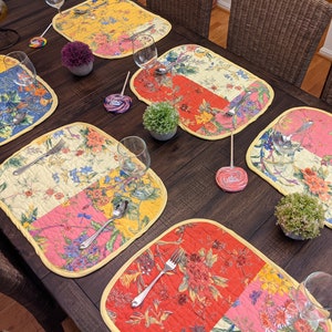 Set of 6-Pieces Quilted Placemats Hand-Made Cotton Fairytale Cottage Floral Wildflowers Garden Colorful Patchwork Kitchen Dining Table Mats