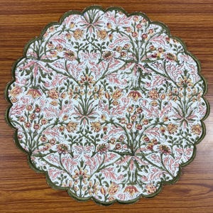 Table Mats, Sassy and Salmon Pink Indian Floral Hand Block Printed and Embroidered Cotton Cloth Washable Table Mats for Wedding Home Decor