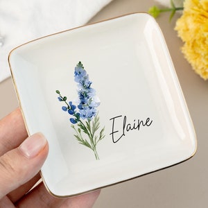 Personalised Birth Flower Trinket Dish, Watercolor Flower Ring Dish, Birthday Jewelry Dish Gift for Friend, Wedding Bridesmaid Gift