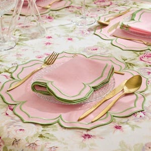 Enchanting Garden - Pink Fabric with Green Embroidery Placemat Napkin Set: Add a touch of elegance and charm to your dining table