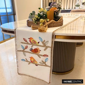 Available in 11 sizes, 36 to 120 inches long Decorative Table Runner in Cotton, Bird & Floral Embroidery, Jute Lace, Spring Decor